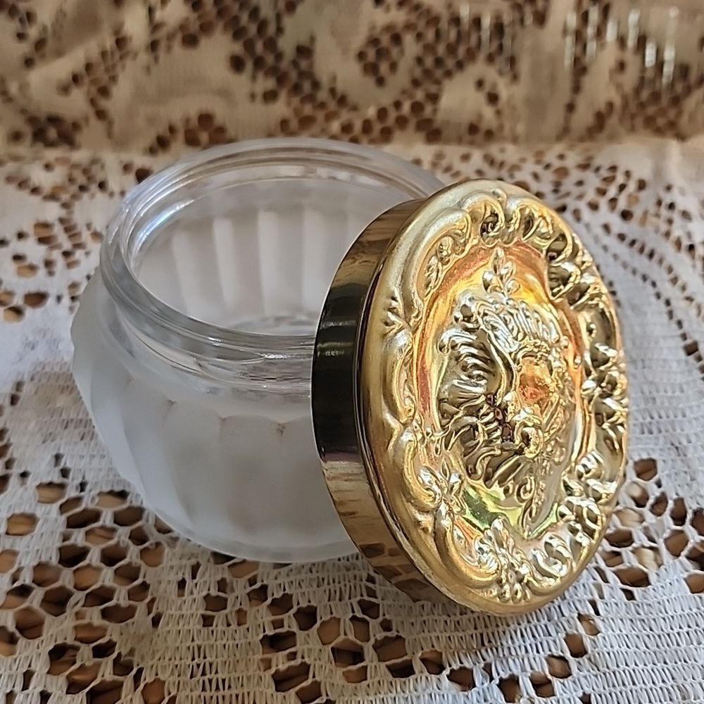 Vintage Frosted Jar With Decorative Gold Tone Lid
